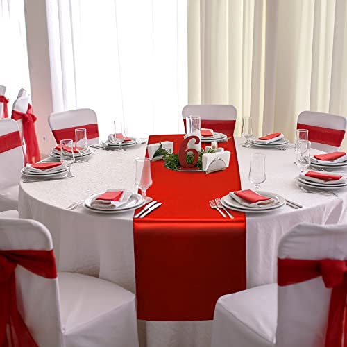 Image of 12 Pack 12x108 Inch Satin Table Runner and 84 Inch Round Plastic Tablecloths Set Red and White Disposable Round Table Cover for Graduation Wedding Bridal Shower Anniversary Birthday Party Decorations