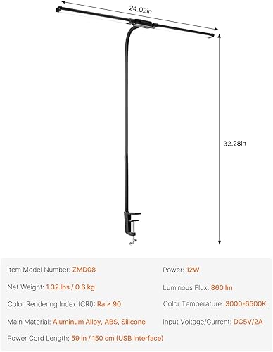 Miniatura 7 de VEVOR Lámpara de escritorio LED con abrazadera, lámpara de escritorio de arquitecto de doble cabezal para oficina en casa, luz de escritorio con