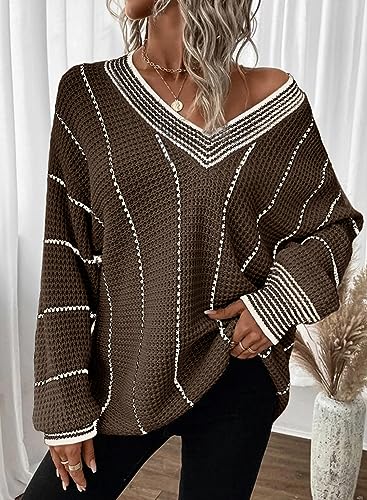 Dokotoo Womens Oversized Striped Tunic Sweaters Casual V Neck Long Sleeve Color Block Knit Pullover Jumper Tops2