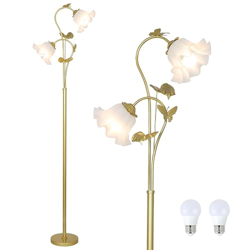 HMVPL Gold Floor Lamp for Living Room, Flower Standing Lamp with 2 LED 5W Blubs, Foot Switch, Floral Tall Lamp with Acrylic Shade, Antique Lotus Flower Floor Lamp for Living Room Office Reading