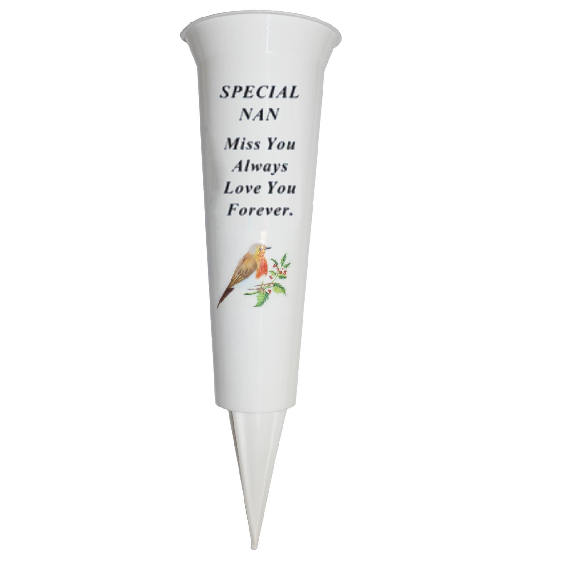 Widdle Gifts Nan 8699 Memorial Grave Flower Pot - 33Cm Tall Sturdy White Memorial Graveside Flower Vase With Spike And Robin Image (Nan 8699)