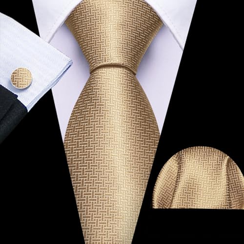 Image of Barry.Wang Tie Sets for Men Silk Stripe Necktie Woven Checkered Handkerchief Cufflinks Formal Business Wedding