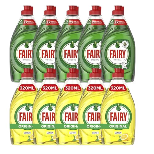 Fairy Washing Up Liquid Bundle – 10 Pack (5x Original + 5x Lemon) – Long Lasting Dishwashing Liquid – Tough on Grease, 320ml Bottles