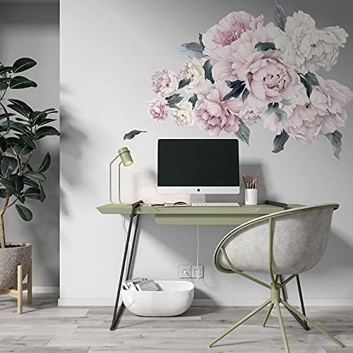 Pink White Peony Roses Flowers Floral Modern Background Wall Decals Sticker Art Peel&Stick