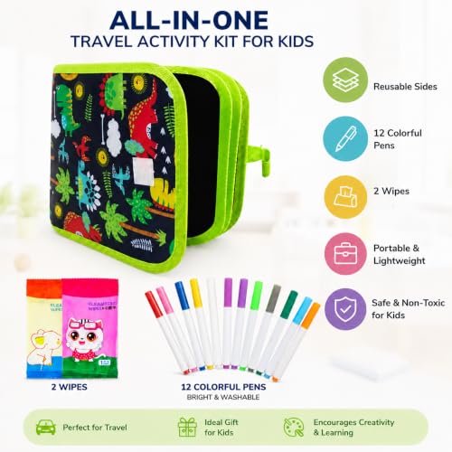 Image of FINEMOE Erasable Doodle Book for Kids, Reusable Drawing Coloring Book with Watercolor Sketch Pens and Wipes, Mess Free Painting, Travel Toy, Magic Slate for Kids 2-14 Years (Blue Dinosaurs)