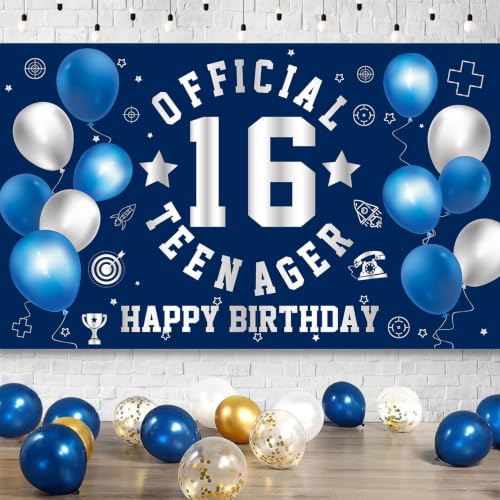 Image of 16th Birthday Decorations for Boys Happy 16th Birthday Banner Blue Silver | Large Official Teenager Sweet 16th Backdrop 16 Year Old HBD Party Decorations Supplies