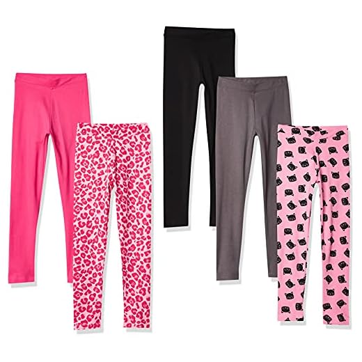 Amazon Essentials Legging Fille, Lot de 5, Chat/Gris Foncé/Impriméanimaux/Noir/Rose, 10 Ans