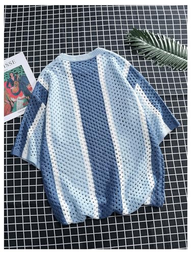 Men's Hollow Out Knit Tops Crew Neck Colorblock Letter Print Sweater2