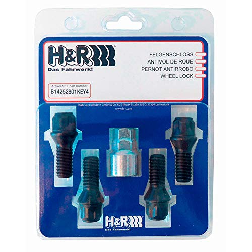 H&R Felgenschloss-Set M14x1.25x28mm Kegelbund Schwarz - 4 Felgenschloss-Schrauben inkl. Adapter