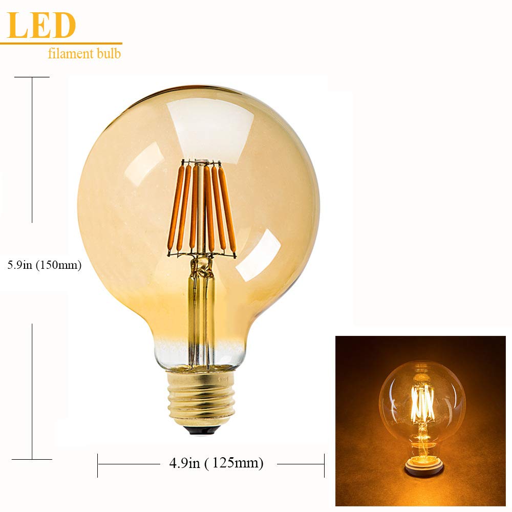 1fortunate lights, Paquete de 10, bombilla de filamento Led AC220V E27 4W/8W G125 luz amarilla cálida lámpara regulable Vintage bombilla redonda Edison(4W E27 220V)