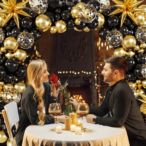 Black and Gold Balloon Garland Arch Kit, 140Pcs Black Gold Confetti Balloons with Stars for Birthday Graduation New Year Retirement Anniversary Wedding Engagement Party Decorations - Image 8