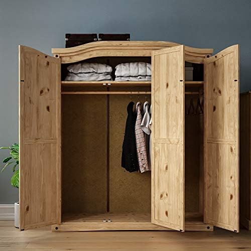 Vida Designs Corona Wardrobe, 3 Door, Solid Pine Wood, Solid Pine Wood, Distressed Waxed Pine Bedroom Wooden Storage Mexican Furniture