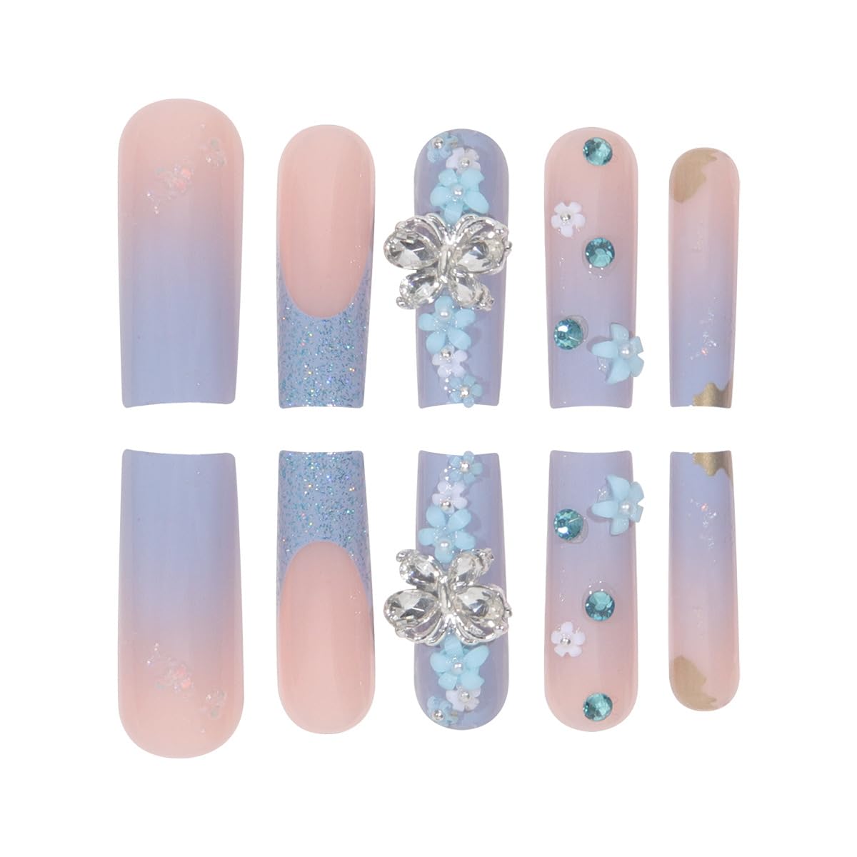 MERVF Long Press on Nails Square Fake Nails Press ons Ombre Blue French Tip Glue on Nails with 3D Butterfly Flower Design Glitter Squoval Acrylic False Nails Glossy 24Pcs