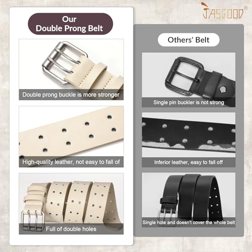 Image of JASGOOD Men Double Prong PU Leather Belt Casual Work Heavy Duty Belt Double Grommet Holes Belt for Jeans
