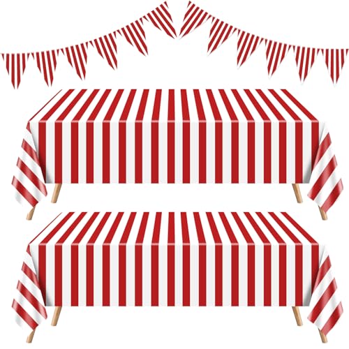 4 peças de decoração de festa temática de carnaval incluem toalhas de mesa de carnaval, bandeiras de riscas vermelhas e brancas, bandeiras de circo, decorações para festas temáticas de circo