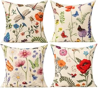 Garden Outdoor Butterfly Flower Floral Cushion Covers 18"x 18" Summer Spring Bench Patio Pillows Farmhouse Dragonfly Flower Leaves Decorative Pillowcase Set of 4 Home Decor Linen for Couch Sofa Plants