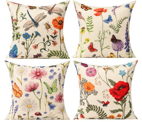 Garden Outdoor Butterfly Flower Floral Cushion Covers 20x 20 Summer Spring Bench Patio Pillows Farmhouse Dragonfly Flower Leaves Decorative Pillowcase Set of 4 Home Decor Linen for Couch Sofa Plants