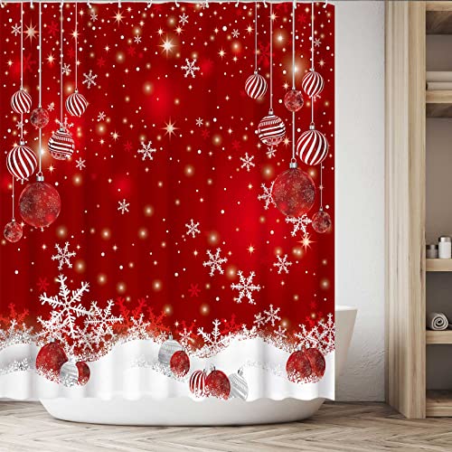 Funnytree Red Christmas Snowflakes Shower Curtain Set With 12 Hooks Merry Xmas Glitter Sparkle Bokeh Bathroom Bathtubs Decor Easy Care Washable Durable Polyester Fabric 72"X72" #TOP4