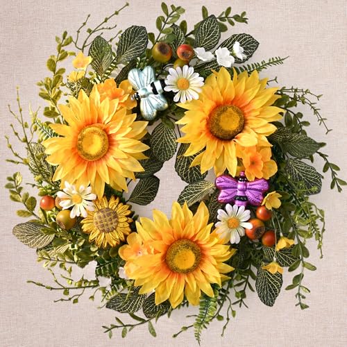 DecorbyHannah Sunflower Summer Wreaths for Front Door Outside All Season 18 Inch Farmhouse Door Wreaths with Daisy and Bee Sunflower Decor for Home Porch Wedding Housewarming Gifts