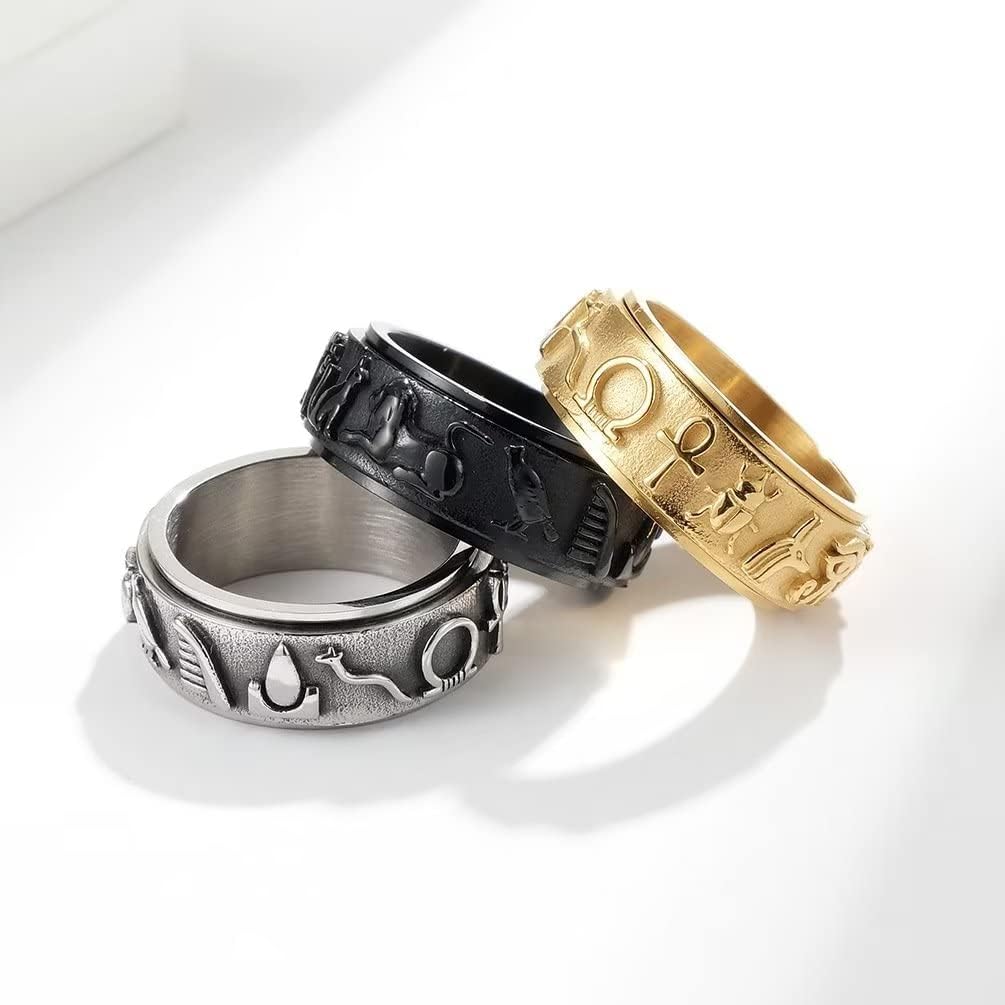 Mens Ancient Egyptian Symbol Totem Anxiety Rings Fidget Ring Vintage Stainless Steel Talisman Amulet Protection Spinner Ring for Men Women Boys (Black, 12)