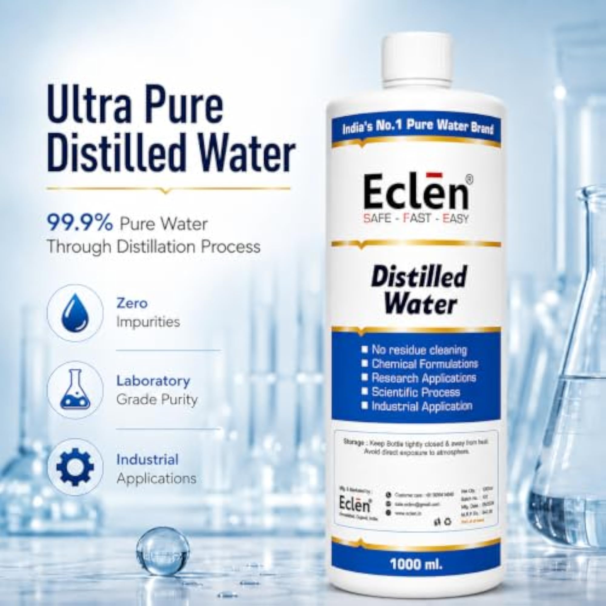 Ultra Pure Distilled Water 1 Litre, 0 TDS