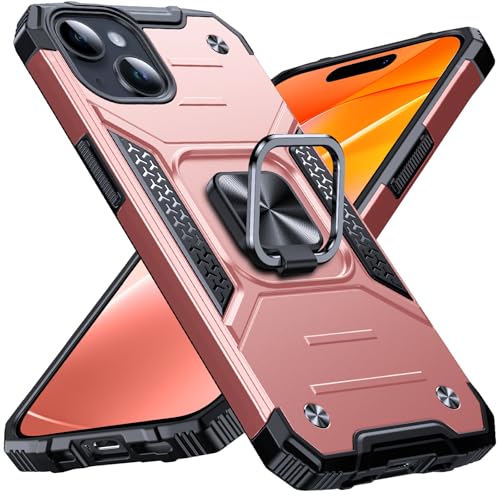 Image of Anqrp Heavy Duty Case for iPhone 15 Case with Enhanced Ring Holder Grip Stand, Military Grade Shockproof Rugged Drop Protective Silicone Hard Slim iPhone 15 Phone Case Cover,Pink Gold