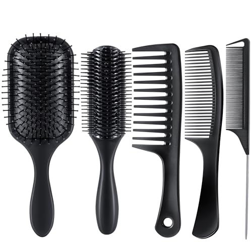 SALONSILK 5PCS Hair Brush Comb Set Women Men Paddle Styling Hair Brushes Wide Fine Tooth Combs Rat Tail Parting Barber Professional Set for Detangling Thick Natural Thin Curly