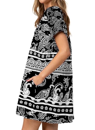 Image of Jayscreate Women's Baby Doll Dress Summer Casual Tunic Pleated Flowy Swing Short Sleeve Black V Neck Mini Dress