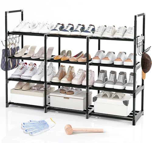 4-Tier Shoe Rack, Black Metal Shoe Racks, Stackable Shoe Shelf with Multifunctional Hooks, Hold 24-30 Pairs, Space Saving Shoe Rack, Shoes Rack for Closet,Show Rack