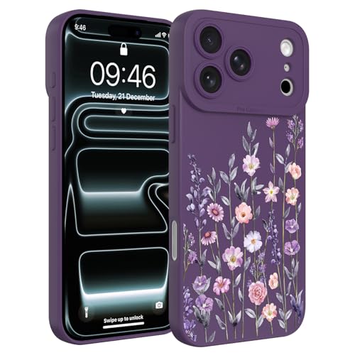 Image of Designed for iPhone 17 Pro Max Case Flower for Women, Dark Purple | Cute Floral Pattern Liquid Silicone Phone Case [Full Camera Protection] Slim Soft TPU Protective Cover