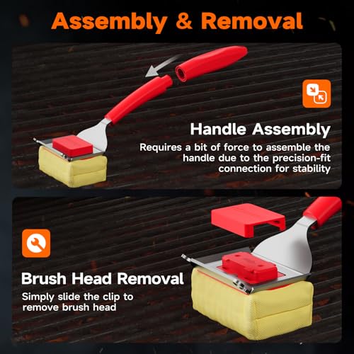 Image of Bristle-Free Grill Brush with Heat-Resistant Kevlar Fiber Head, Red | Steam Cleaning, Replaceable No-Wire Head, 17 inch Handle, 4-in-1 Scraper, for Porcelain /Ceramic /Stainless Steel /Cast Iron Grate