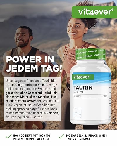 vit4ever Taurin - 365 Kapseln - Extra Hochdosiert mit 2000 mg pro Tagesdosis (2 Kapseln) - Über 99% Reinheit - ohne unnötige Zusätze, vegan