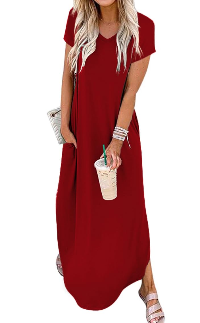 Jeqeocafy Women Summer Long Sundress Crewneck Short Sleeve Maxi Dress 2026 Casual Loose Beach Dress with Pockets