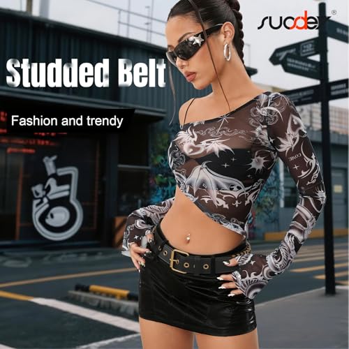SUOSDEY Black Studded Belt,Y2K Silver Metal Grommet Belt for Men Women Punk Rock Style for Jeans Pants4