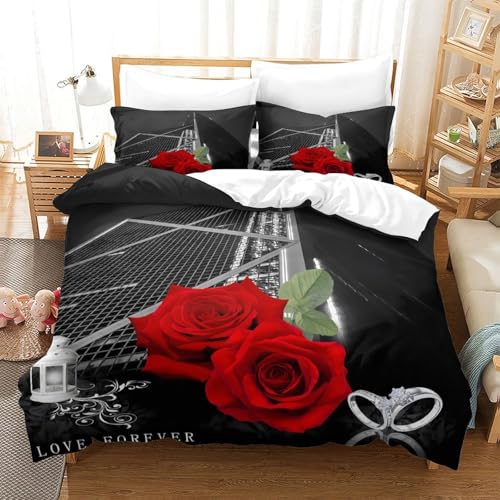 Housse de couette zippée confortable roses 3D pour un lit simple sans plis