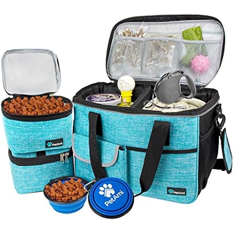 PetAmi Dog Travel Bag | Airline Approved Tote Organizer with Multi-Function Pockets, Food Container Bag and Collapsible Bowl | Perfect Weekend Pet Travel Set for Dog, Cat (Sea Blue, Small) Cover
