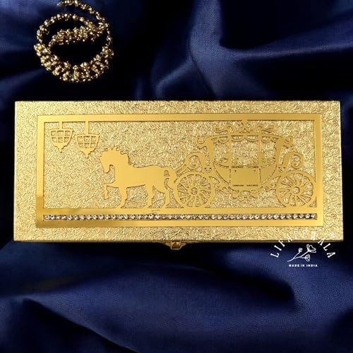 Image of Designer Rectangular Shaped Cash Box, Shagun Box, Gift Box, Gaddi Box, Jewellery Box in Exclusive Lazer Cut Baggi /Barat style | (Pack of 1) (Baggi Golden)