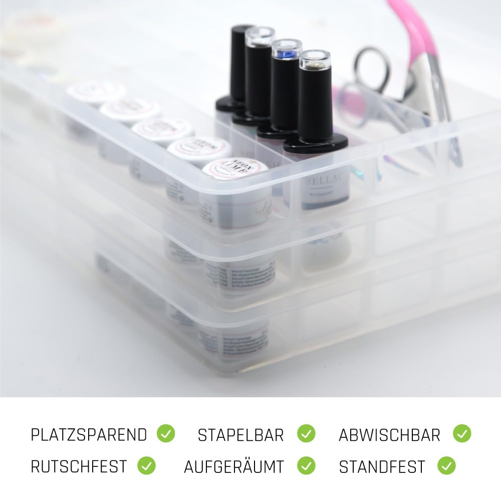 Sortierbox groß 5 Stück + GRATIS GESCHENK als Ordnungsystem und Aufbewahrungsbox stapelbar für Nageldesign Gel Tiegel, Farbgel, Gellack, Nailart in transparent aus Plastik · Lynis-Nailshop.de