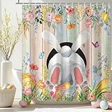 Mocsicka Easter Shower Curtain for Bathroom, Spring Funny Rabbit Shower Curtain Cute Bunny Floral Colourful Eggs for Easter Bathroom Decor, 72x 72 Inch Waterproof Fabric Bath Curtain