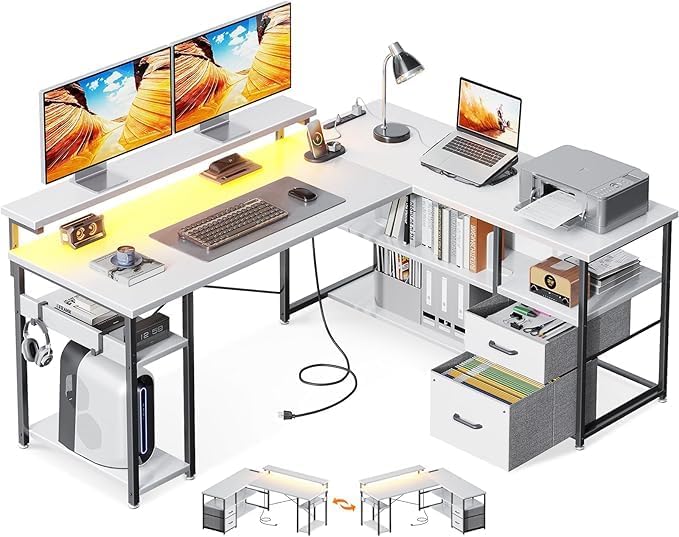 L字PCデスク 多層収納コンセント付き右棚左棚引き出し6杯付幅106cm L字PCデスク 多層収納コンセント付き右棚左棚引き出し6杯付
