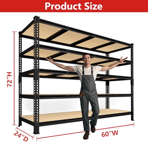 PrimeZone 60\" W X 24\" D X 72\" H Heavy Duty Garage Storage Shelves - Adjustable Metal Shelving Unit, 5 Tier Industrial Shelves for Storage Standing Utility Rack for Warehouse, Pantry, Basement, Black