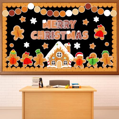 Image of 3D Christmas Honeycomb Bulletin Board Gingerbread Bulletin Board Set Christmas Classroom Decorations Gingerbread Winter House Paper Cutouts for Xmas Winter Holiday Home School Classroom Wall Decor