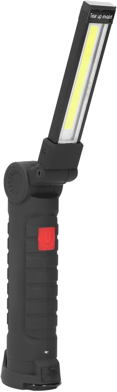 Angled view of a single Eujgoov LED work light with its arm unfolded and light panel extended