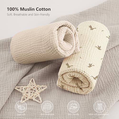 Image of Bearmoss Muslin Crib Sheets - 100% Cotton Baby Crib Sheets Fitted for Standard Crib Mattress & Toddler Bed Mattress 52 inchx28 inch Soft Breathable Crib Sheet Neutral for Boys Girls - 2 Pack (Goose White)