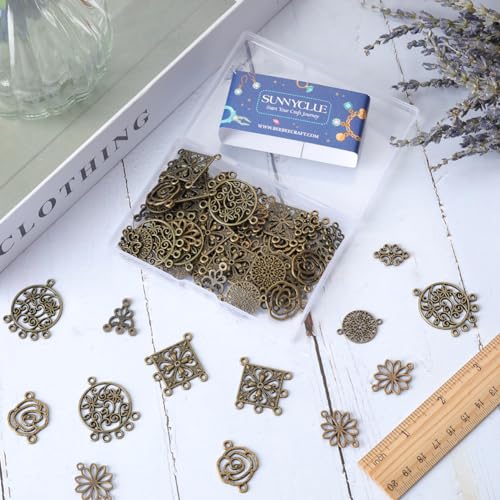 SUNNYCLUE 1 Box 80Pcs Flower Connectors Chandelier Earring Charms Flower Connector Charms Chandelier Charm Bulk Filigree Connectors Tibet Style Link Charm for jewellery Making DIY Bohemian Earrings - Image 3