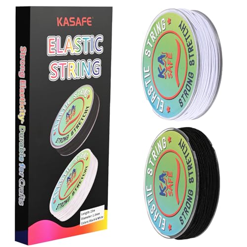 KASAFE Filo per Braccialetti 1mm Elastico Resistente in Poliestere e Lattice, 2 Rotoli da 25m (Totale 50m) Bianco e Nero, Ipollergenico Senza Grovigli per Perline Gioielli DIY e Artigianato