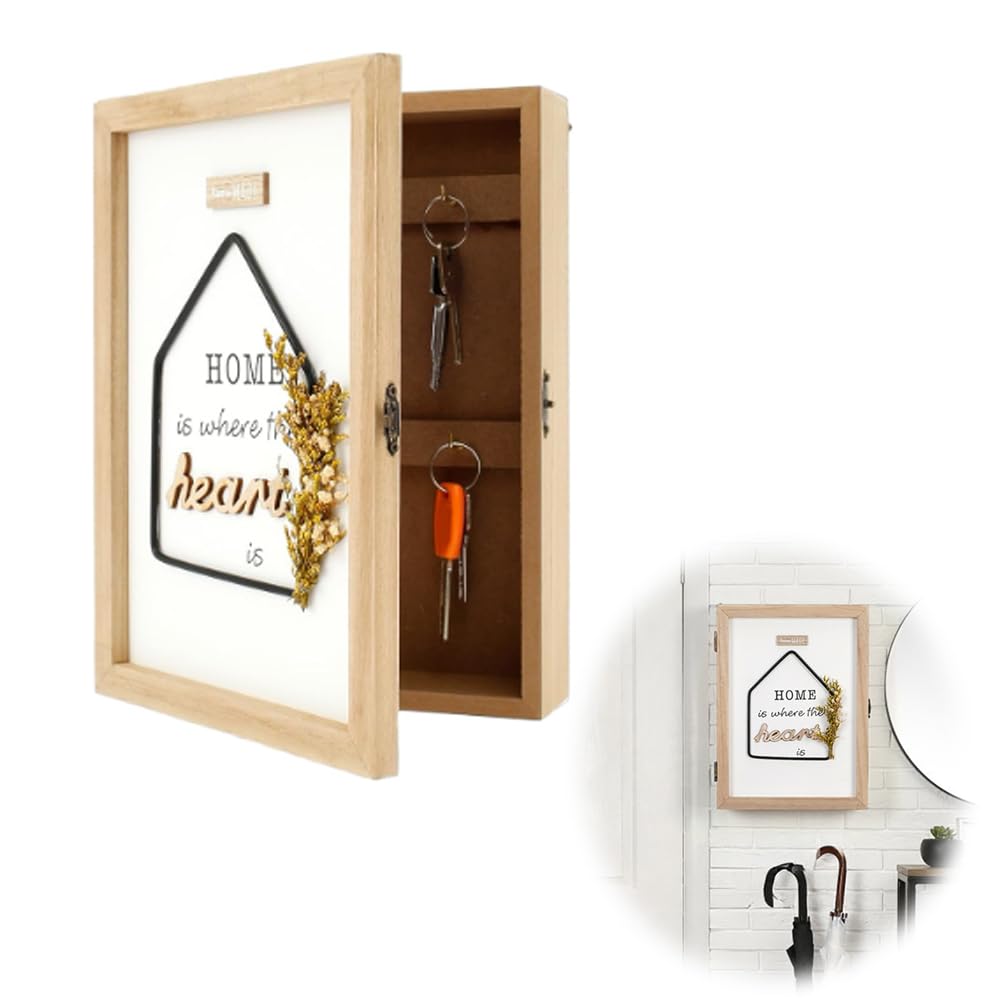 Azonee Wood Key Holder Mount, Decorative Wall box with 6 Key Hooks, Rustic Farmhouse Key Rack, Key Box Cabinet for Entryway, Doorway, Hallway, Office, Home Decor, Suitable Gift