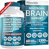 14-in-1 Lions Mane Supplement Capsules - Nootropic Brain Supplement with Ginkgo Biloba for Brain Support, Memory and Focus - Alpha GPC, L Theanine & Choline Supplements with 1300mg Per Serving (60 ct)