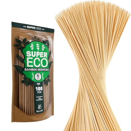 SUPER ECO 100 Pcs Natural Bamboo Skewers, Wooden Skewers for Appetizers, Fruit, Kebabs, Grilling Barbecue, Mini Burger, Sausage, Cocktail, Long Toothpicks, Food Sticks Natural