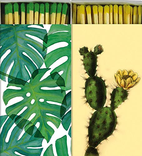 Decorative Matches Monstera Leaf and Cacti Match Boxes with Long Kitchen Matches Great for Lighting Candles, Grills, Fireplaces and More | Set of 2 Large Match Boxes